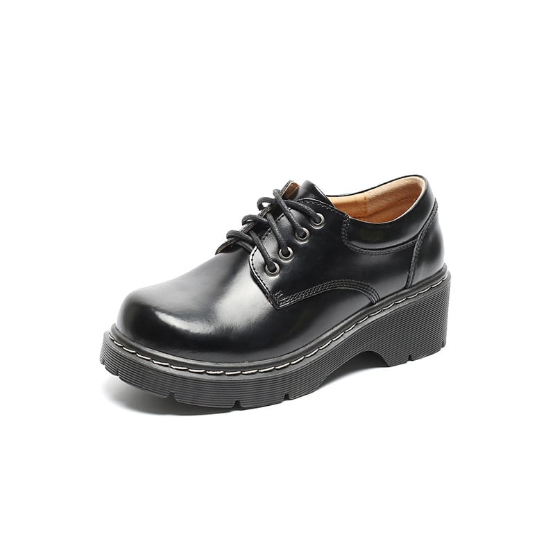 Pantofi din piele în stil colegiu, talpă groasă, din două straturi de piele de vacă, vârf rotund, toc mediu 3-5 cm, talpă din tendon de vițel