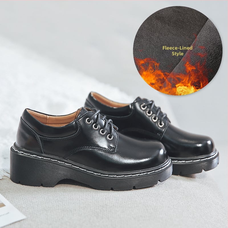 Pantofi din piele în stil colegiu, talpă groasă, din două straturi de piele de vacă, vârf rotund, toc mediu 3-5 cm, talpă din tendon de vițel