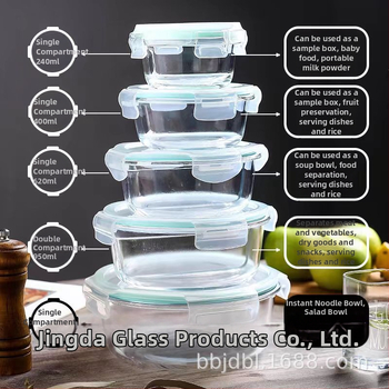 Ορθογώνιο γυάλινο δοχείο γεύματος από βορσιλικό γυαλί, ανθεκτικό στη θερμότητα, συμβατό με φούρνο μικροκυμάτων, με καπάκι και τρία διαμερίσματα; χωρητικότητες 301–500 ml, 501–800 ml, 800–1000 ml, 1–2 L