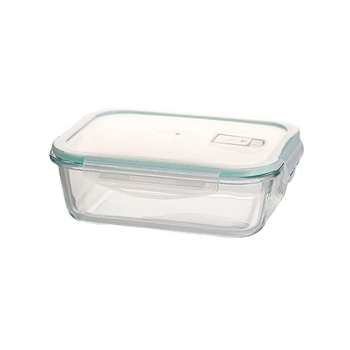 Ορθογώνιο γυάλινο δοχείο γεύματος από βορσιλικό γυαλί, ανθεκτικό στη θερμότητα, συμβατό με φούρνο μικροκυμάτων, με καπάκι και τρία διαμερίσματα; χωρητικότητες 301–500 ml, 501–800 ml, 800–1000 ml, 1–2 L
