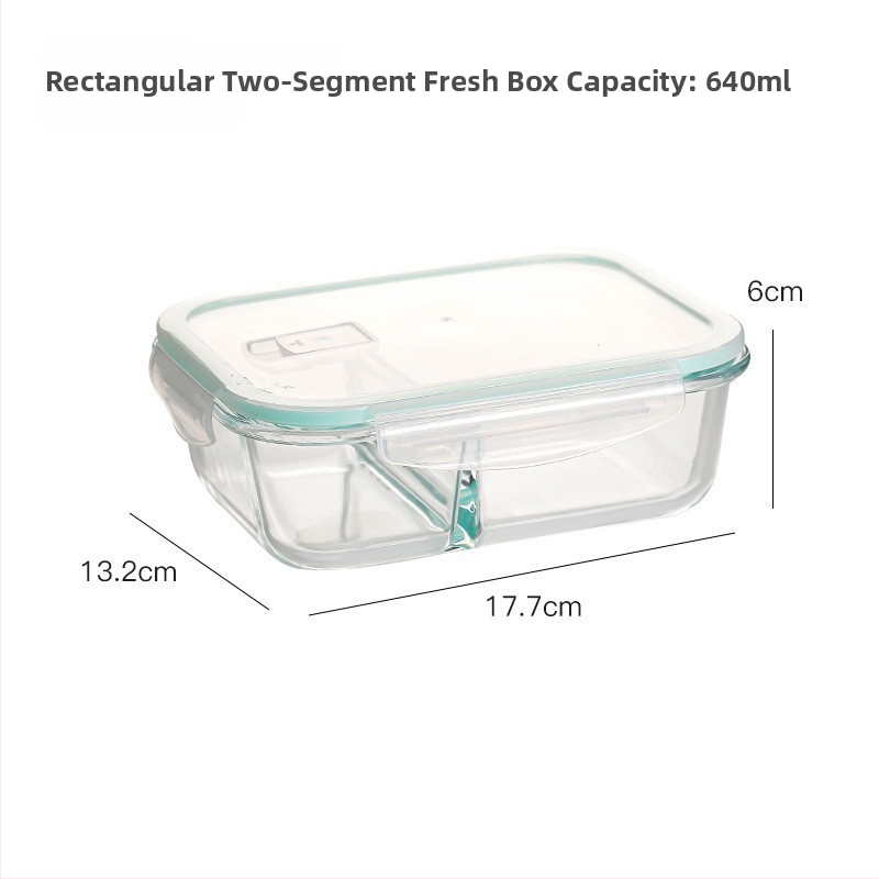 Ορθογώνιο γυάλινο δοχείο γεύματος από βορσιλικό γυαλί, ανθεκτικό στη θερμότητα, συμβατό με φούρνο μικροκυμάτων, με καπάκι και τρία διαμερίσματα; χωρητικότητες 301–500 ml, 501–800 ml, 800–1000 ml, 1–2 L