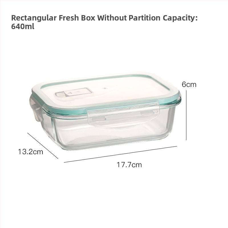 Ορθογώνιο γυάλινο δοχείο γεύματος από βορσιλικό γυαλί, ανθεκτικό στη θερμότητα, συμβατό με φούρνο μικροκυμάτων, με καπάκι και τρία διαμερίσματα; χωρητικότητες 301–500 ml, 501–800 ml, 800–1000 ml, 1–2 L