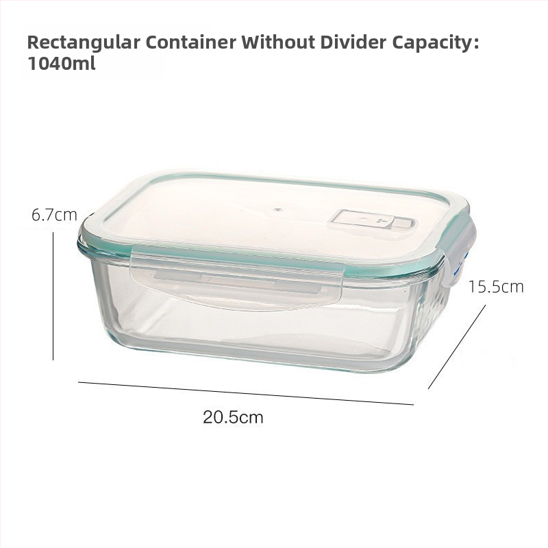 Ορθογώνιο γυάλινο δοχείο γεύματος από βορσιλικό γυαλί, ανθεκτικό στη θερμότητα, συμβατό με φούρνο μικροκυμάτων, με καπάκι και τρία διαμερίσματα; χωρητικότητες 301–500 ml, 501–800 ml, 800–1000 ml, 1–2 L