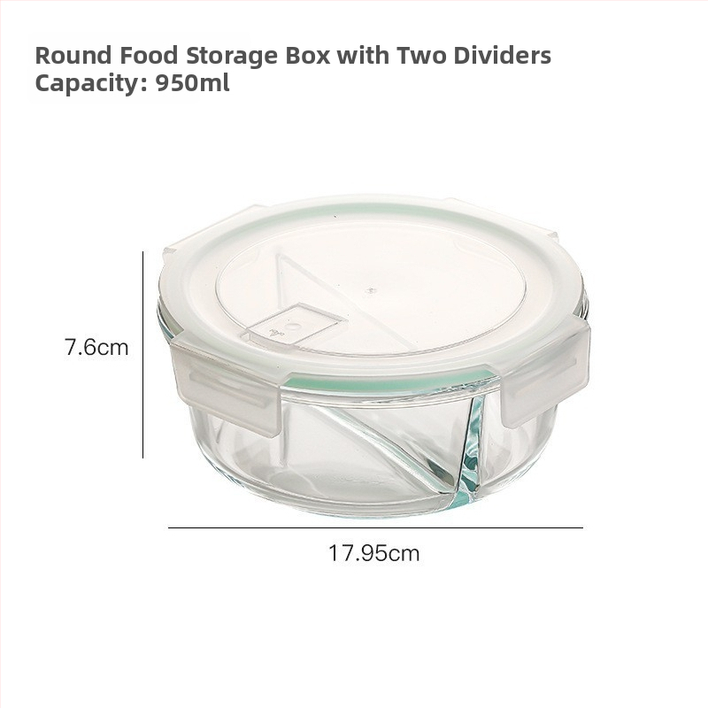 Ορθογώνιο γυάλινο δοχείο γεύματος από βορσιλικό γυαλί, ανθεκτικό στη θερμότητα, συμβατό με φούρνο μικροκυμάτων, με καπάκι και τρία διαμερίσματα; χωρητικότητες 301–500 ml, 501–800 ml, 800–1000 ml, 1–2 L