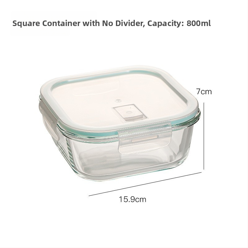 Ορθογώνιο γυάλινο δοχείο γεύματος από βορσιλικό γυαλί, ανθεκτικό στη θερμότητα, συμβατό με φούρνο μικροκυμάτων, με καπάκι και τρία διαμερίσματα; χωρητικότητες 301–500 ml, 501–800 ml, 800–1000 ml, 1–2 L