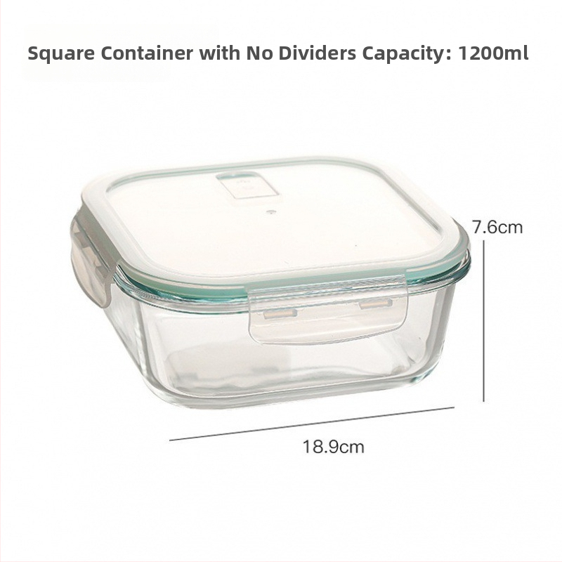 Ορθογώνιο γυάλινο δοχείο γεύματος από βορσιλικό γυαλί, ανθεκτικό στη θερμότητα, συμβατό με φούρνο μικροκυμάτων, με καπάκι και τρία διαμερίσματα; χωρητικότητες 301–500 ml, 501–800 ml, 800–1000 ml, 1–2 L
