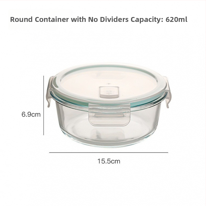 Ορθογώνιο γυάλινο δοχείο γεύματος από βορσιλικό γυαλί, ανθεκτικό στη θερμότητα, συμβατό με φούρνο μικροκυμάτων, με καπάκι και τρία διαμερίσματα; χωρητικότητες 301–500 ml, 501–800 ml, 800–1000 ml, 1–2 L