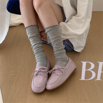 Pantofi damă loafer din piele de vițel, stil coreean, cu șireturi, vârf rotund, toc plat mic (1–3 cm)