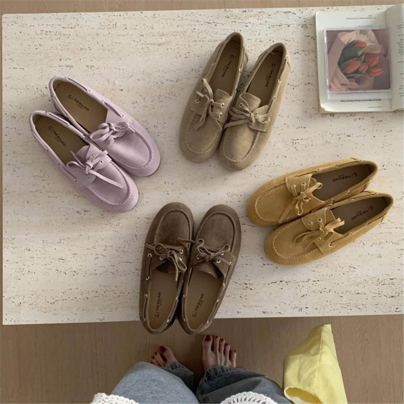 Pantofi damă loafer din piele de vițel, stil coreean, cu șireturi, vârf rotund, toc plat mic (1–3 cm)