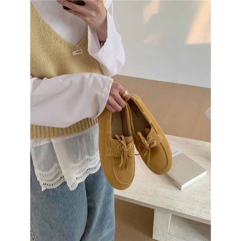 Pantofi damă loafer din piele de vițel, stil coreean, cu șireturi, vârf rotund, toc plat mic (1–3 cm)