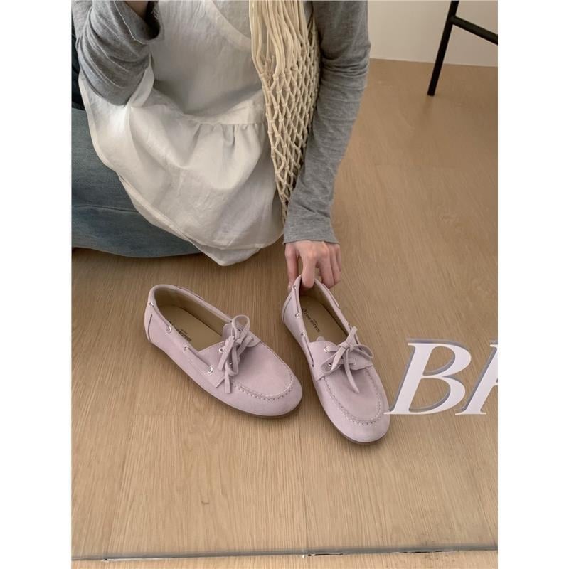 Pantofi damă loafer din piele de vițel, stil coreean, cu șireturi, vârf rotund, toc plat mic (1–3 cm)