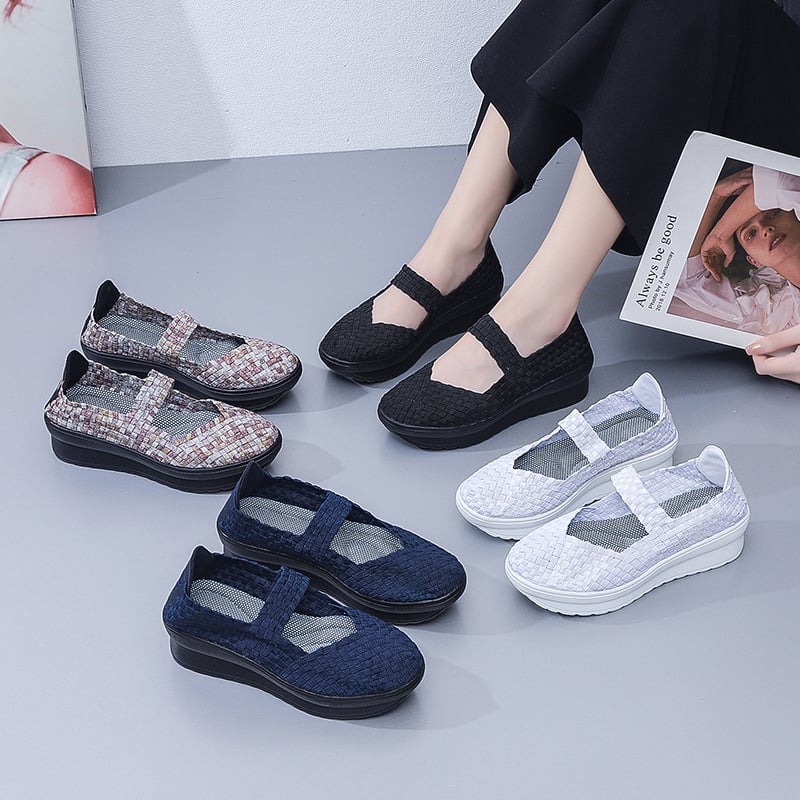 Etno-stílusú slip-on cipők, légáteresztő hálós felsőrész, kerek orr, 3–5 cm-es kónikus sarok, PU talp