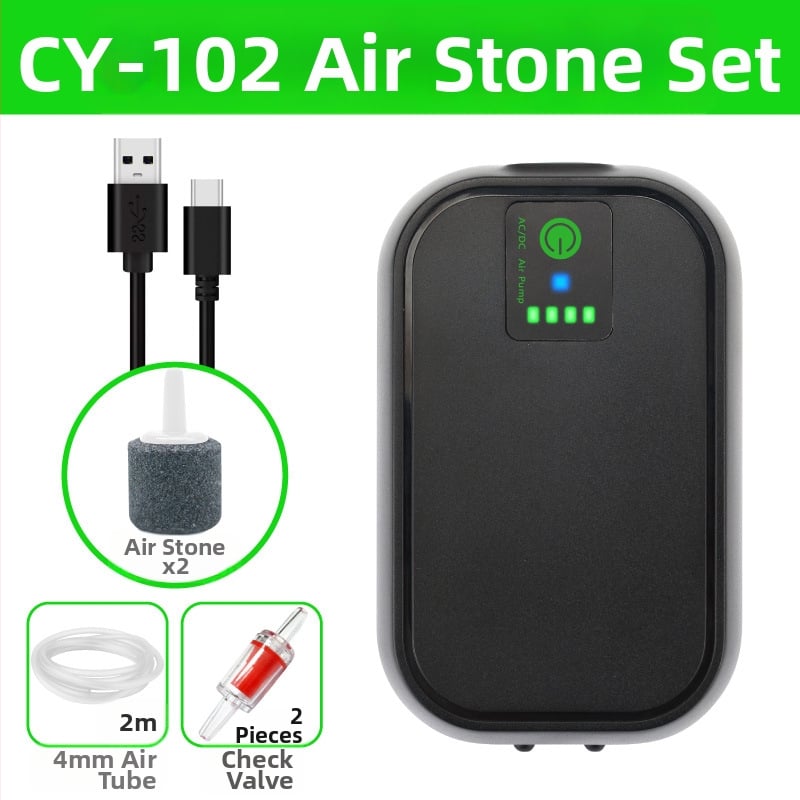 Akváriumi oxigénpumpa, csendes üzemmód, AC/DC működés, USB töltés, hordozható kültéri horgászathoz (2 kg)