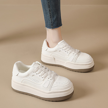 Женски маратонки с дебела подметка, предно връзване, двуслойна кожа на горната част, гумена подметка, средна височина на глезена