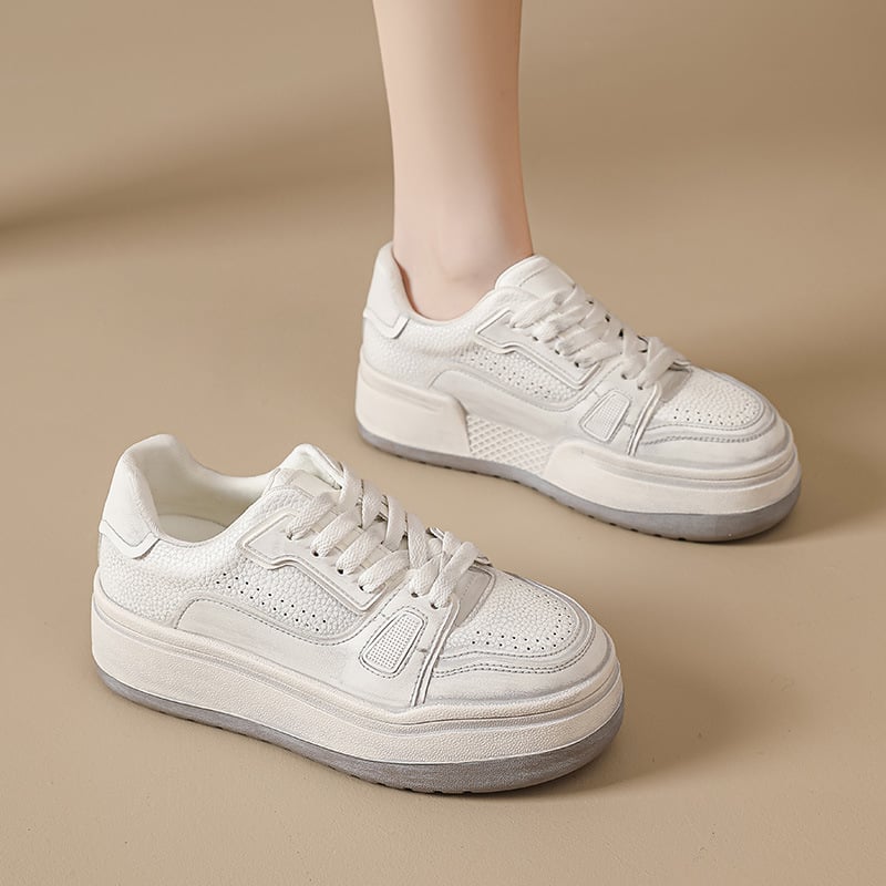 Женски маратонки с дебела подметка, предно връзване, двуслойна кожа на горната част, гумена подметка, средна височина на глезена