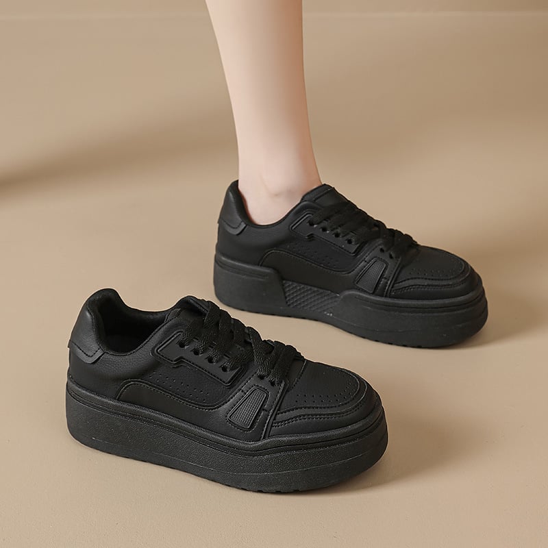 Женски маратонки с дебела подметка, предно връзване, двуслойна кожа на горната част, гумена подметка, средна височина на глезена