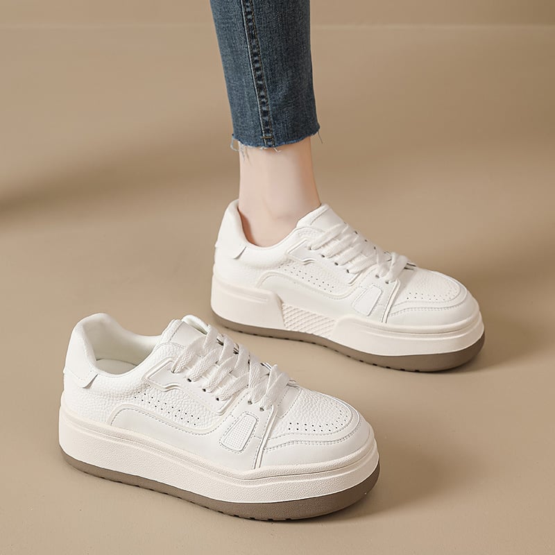 Женски маратонки с дебела подметка, предно връзване, двуслойна кожа на горната част, гумена подметка, средна височина на глезена