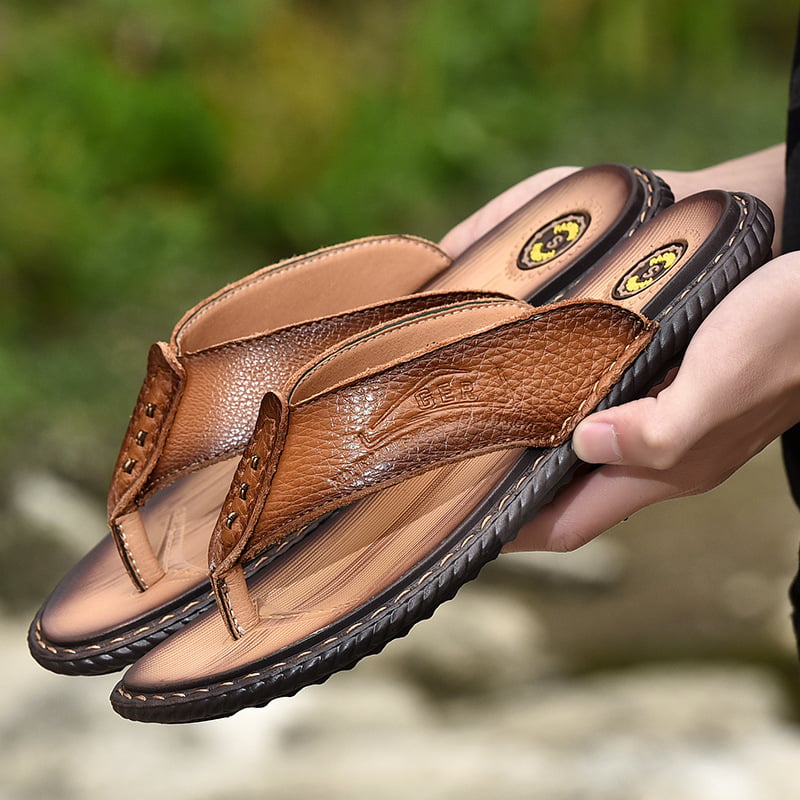 Muške flip-flop sandale od prve sloje teleće kože XCRWAY/Tide Seeker, otvoreni prst, gumeni potplat, lagane ljetne papuče za plažu.