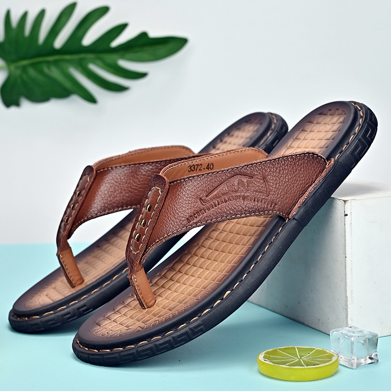 Muške flip-flop sandale od prve sloje teleće kože XCRWAY/Tide Seeker, otvoreni prst, gumeni potplat, lagane ljetne papuče za plažu.