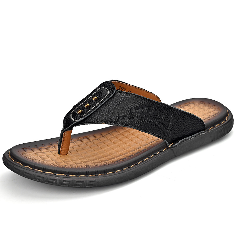 Muške flip-flop sandale od prve sloje teleće kože XCRWAY/Tide Seeker, otvoreni prst, gumeni potplat, lagane ljetne papuče za plažu.
