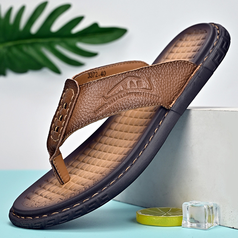 Muške flip-flop sandale od prve sloje teleće kože XCRWAY/Tide Seeker, otvoreni prst, gumeni potplat, lagane ljetne papuče za plažu.