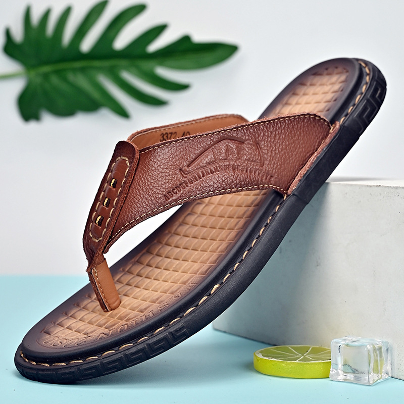 Muške flip-flop sandale od prve sloje teleće kože XCRWAY/Tide Seeker, otvoreni prst, gumeni potplat, lagane ljetne papuče za plažu.