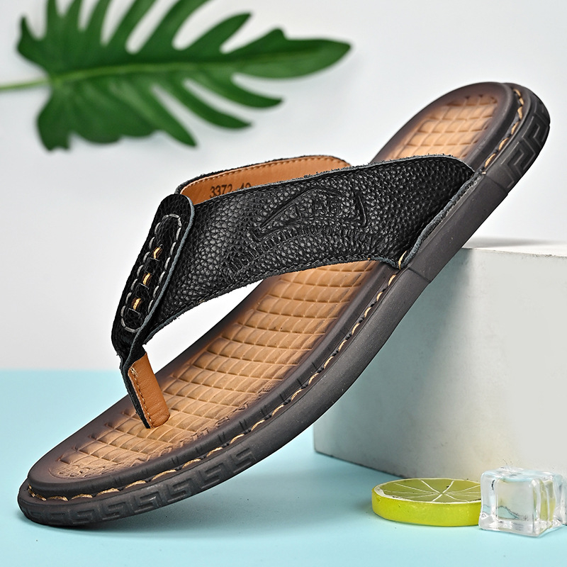 Muške flip-flop sandale od prve sloje teleće kože XCRWAY/Tide Seeker, otvoreni prst, gumeni potplat, lagane ljetne papuče za plažu.