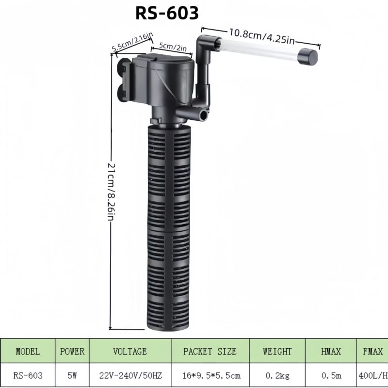 Υποβρύχιο φίλτρο ενυδρείου με ενσωματωμένο σύστημα τριών σε ένα τύπου σταγόνας για ήσυχη οξυγόνωση (RS-602, πλαστικό)