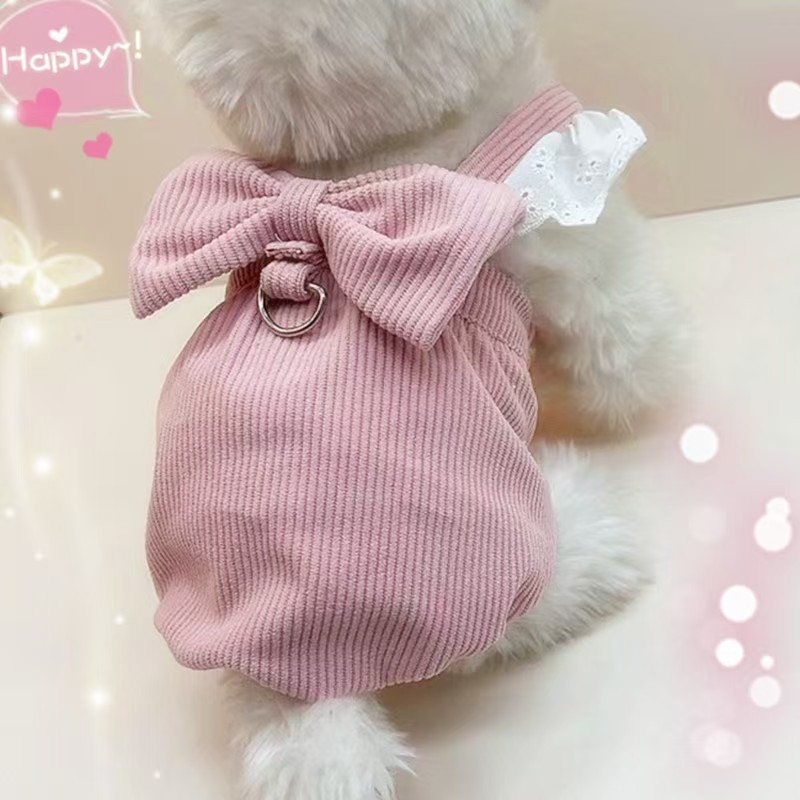 Odeća za kućne ljubimce: kordurova haljina s mašnicom za proljeće i jesen, kopča za povodac, čipka, casual stil, poliester