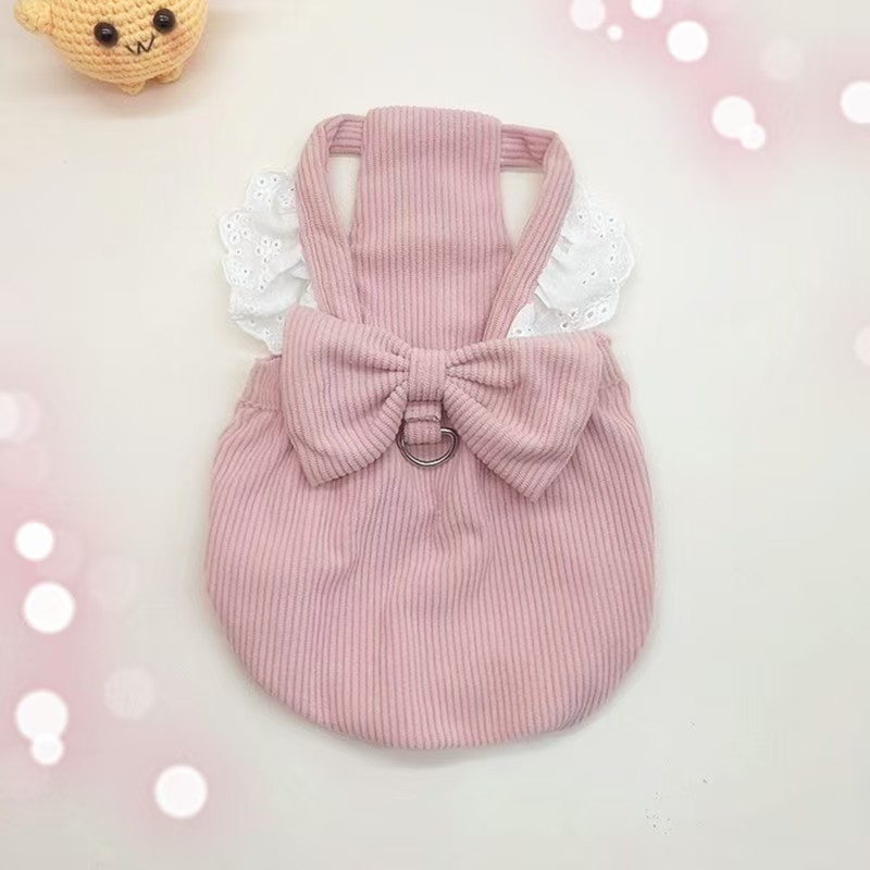 Odeća za kućne ljubimce: kordurova haljina s mašnicom za proljeće i jesen, kopča za povodac, čipka, casual stil, poliester