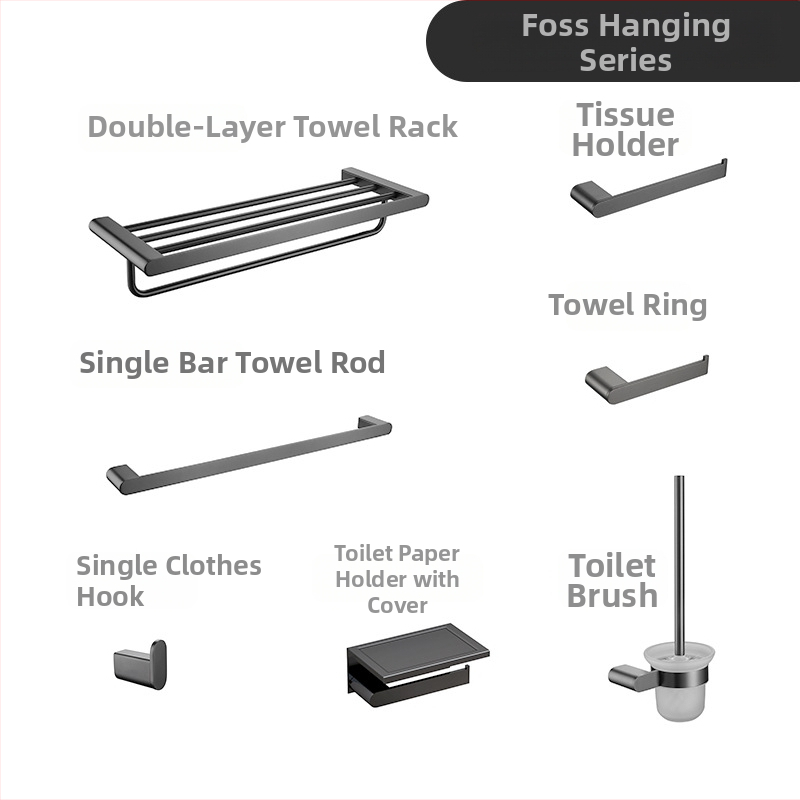 Set kupaonskih dodataka od nehrđajućeg čelika s brušenim završnim obradom — šest dijelova i više — moderni minimalistički stil