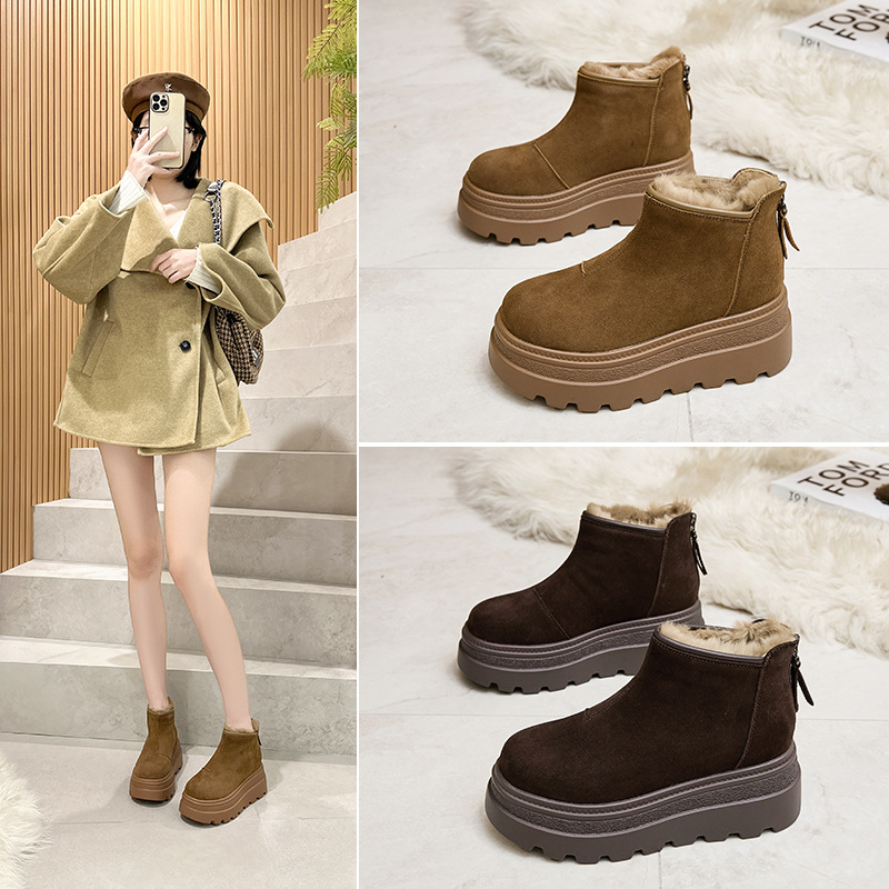 Casual platform loafers s velurom, gornji dio od velura, podstava od zeca, okrugli nos, stražnji zatvarač, 6–8 cm peta