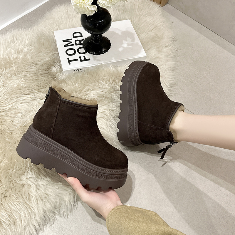Casual platform loafers s velurom, gornji dio od velura, podstava od zeca, okrugli nos, stražnji zatvarač, 6–8 cm peta