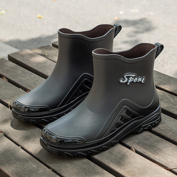 Ghete de ploaie pentru bărbați, partea superioară din PVC, slip-on scurt, impermeabile și antiderapante, căptușite cu lână artificială, toc redus
