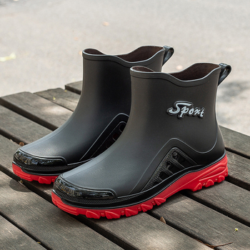 Ghete de ploaie pentru bărbați, partea superioară din PVC, slip-on scurt, impermeabile și antiderapante, căptușite cu lână artificială, toc redus