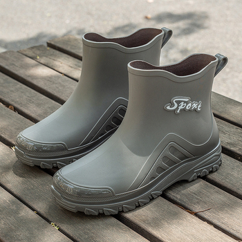 Ghete de ploaie pentru bărbați, partea superioară din PVC, slip-on scurt, impermeabile și antiderapante, căptușite cu lână artificială, toc redus