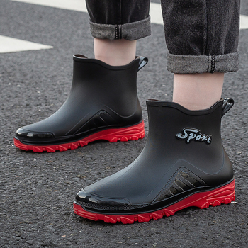 Ghete de ploaie pentru bărbați, partea superioară din PVC, slip-on scurt, impermeabile și antiderapante, căptușite cu lână artificială, toc redus