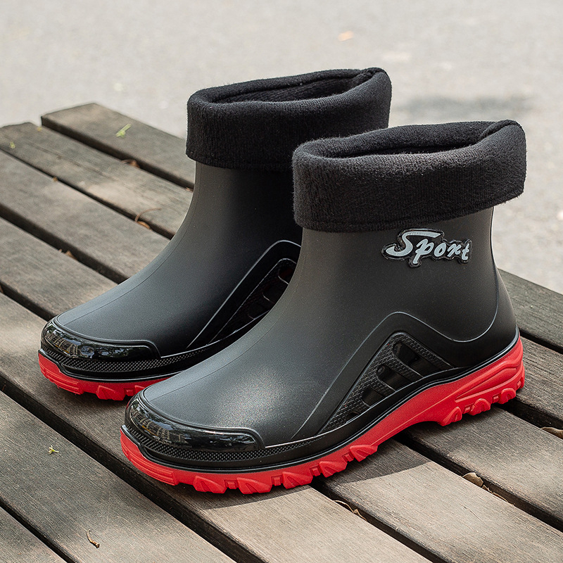Ghete de ploaie pentru bărbați, partea superioară din PVC, slip-on scurt, impermeabile și antiderapante, căptușite cu lână artificială, toc redus