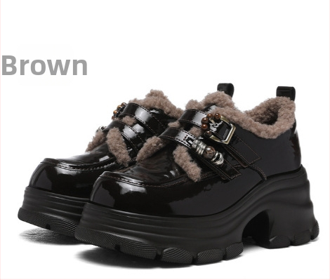 Dámske kožené loafery s okrúhym nosom, Slip-on, vrchný materiál z hovädzej split kože, hrubý podpätok 6–8 cm