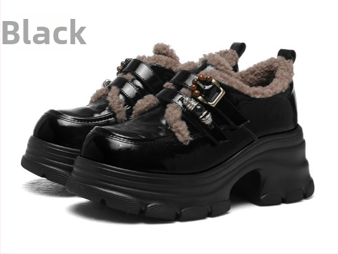 Dámske kožené loafery s okrúhym nosom, Slip-on, vrchný materiál z hovädzej split kože, hrubý podpätok 6–8 cm