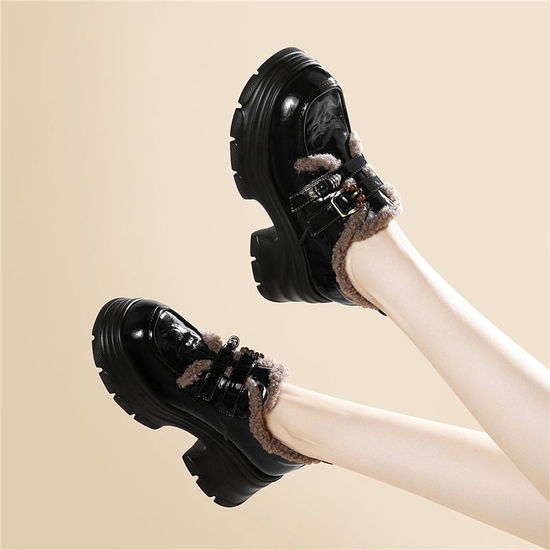 Ženske kožne loaferice s okruglim vrhom, Slip-on, gornji dio od teleće kože, debeli pet 6–8 cm