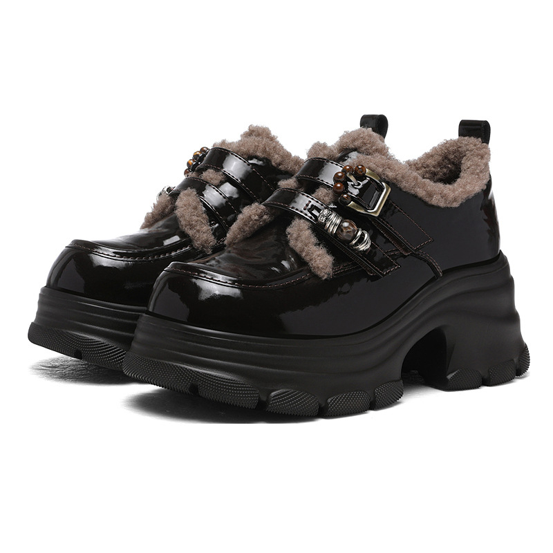 Ženske kožne loaferice s okruglim vrhom, Slip-on, gornji dio od teleće kože, debeli pet 6–8 cm