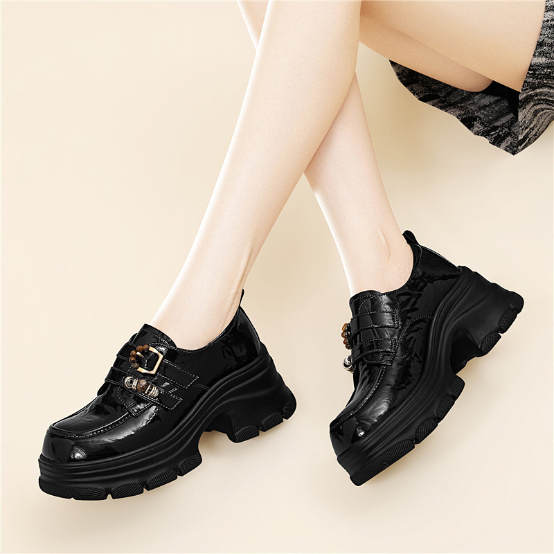 Ženske kožne loaferice s okruglim vrhom, Slip-on, gornji dio od teleće kože, debeli pet 6–8 cm