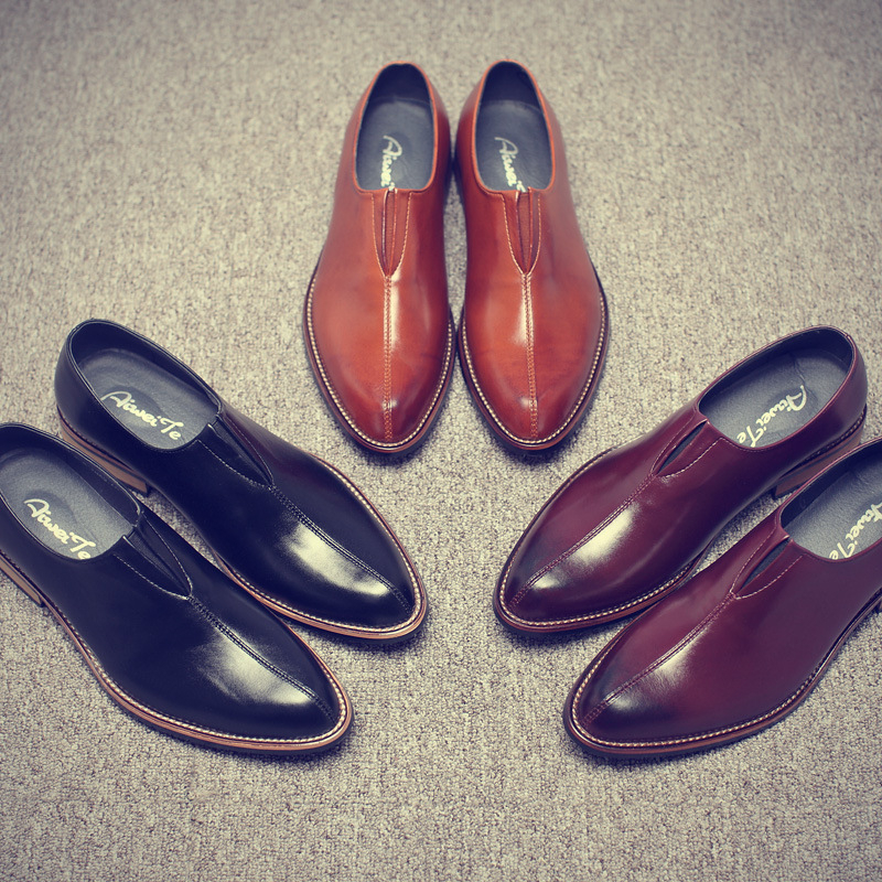 Muške kožne cipele za poslovni stil s oštrim vrhom, slip-on, britanski stil, srednja peta 3-5 cm, drvena potplata