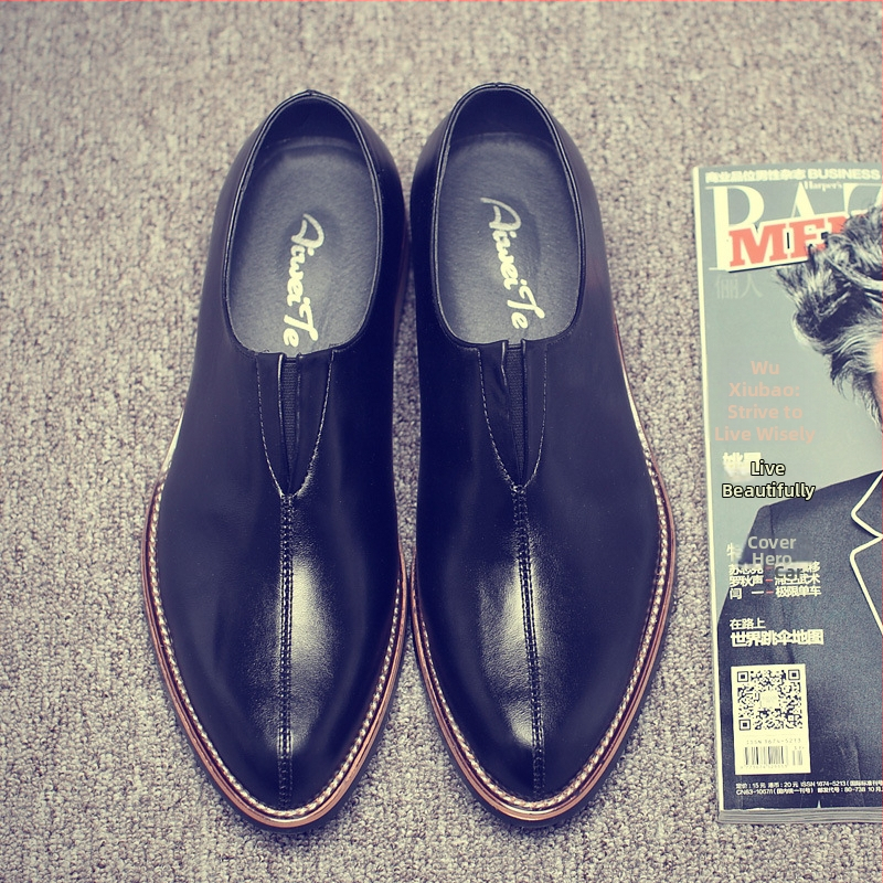 Muške kožne cipele za poslovni stil s oštrim vrhom, slip-on, britanski stil, srednja peta 3-5 cm, drvena potplata