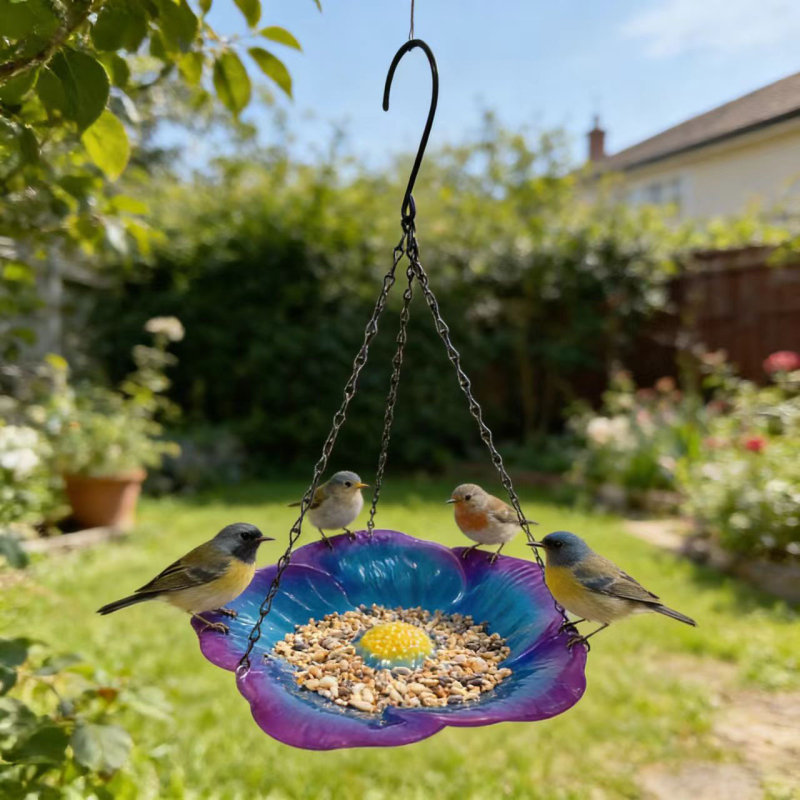 Ισορροπημένη κρεμάστη ταΐστρα για πουλιά με δοσομετρητή νερού και φαγητού — σχέδιο σε στυλ λουλουδιών, μεταλλική τέχνη, για μπαλκόνι και κήπο