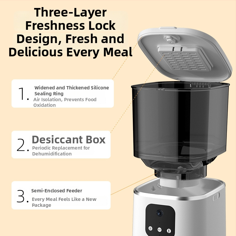 Intelligens háziállat etető, 6 L kapacitás, távoli vezérlés alkalmazáson keresztül, ütemezett etetés, videó interakció, kettős energiaellátás