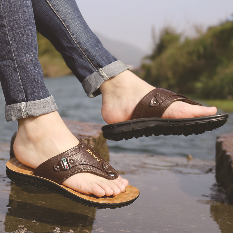 Sandale pentru bărbați casual, cu deget deschis, partea superioară din piele de vițel, talpă PU, construcție injectată, vara 2020