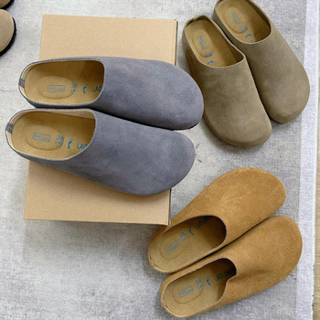 Muške Birkenstock-inspirirane retro mule s debelim potplatom, nubuk koža na gornjoj strani, plastična potplata, slip-on, proljeće 2025