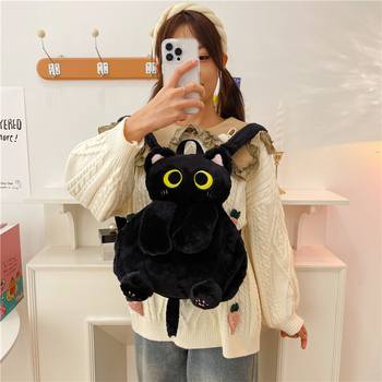 Rucsac din pluș cu pisică - stil proaspăt și drăguț, blană de iepure, închidere cu fermoar, căptuială poliester-bumbac, buzunar pentru telefon